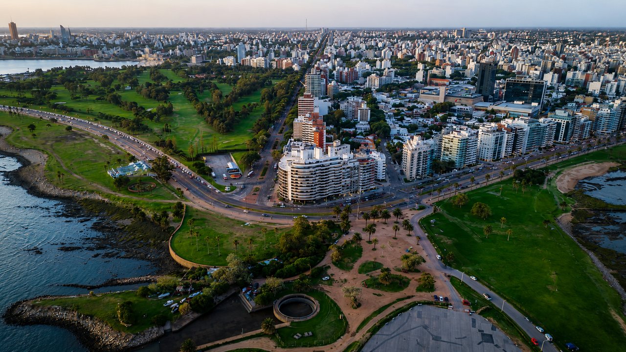 Vista aérea de la rambla y los edificios de Montevideo al atardecer